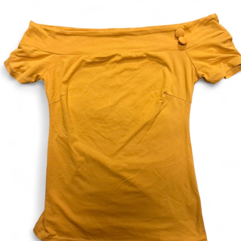 Vintage Pin Up Betty Page Off-Shoulder Short Sleeve Top in Mustard Yellow